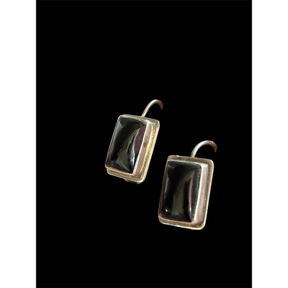 Southwestern Rectangle Sterling Silver Bezel Set Black Onyx Dangle Earrings 925 - Picture 1 of 6